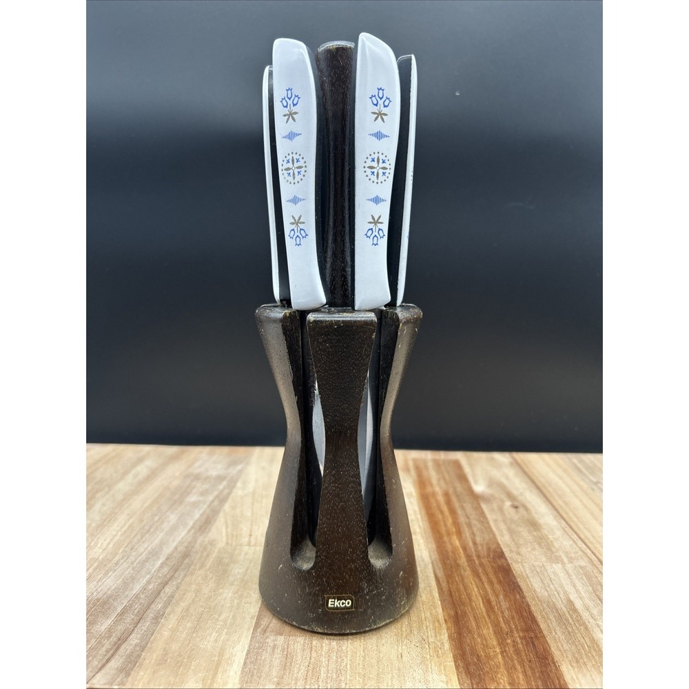 6 Vintage EKCO Vanadium‎ Dutch Tulip Steak Knives USA Hollow Ground Set w Holder